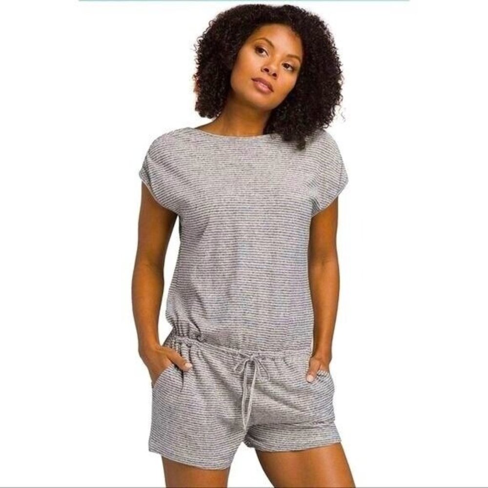 Prana Striped Romper Shorts Navy Blue Cream Organic Cotton Medium